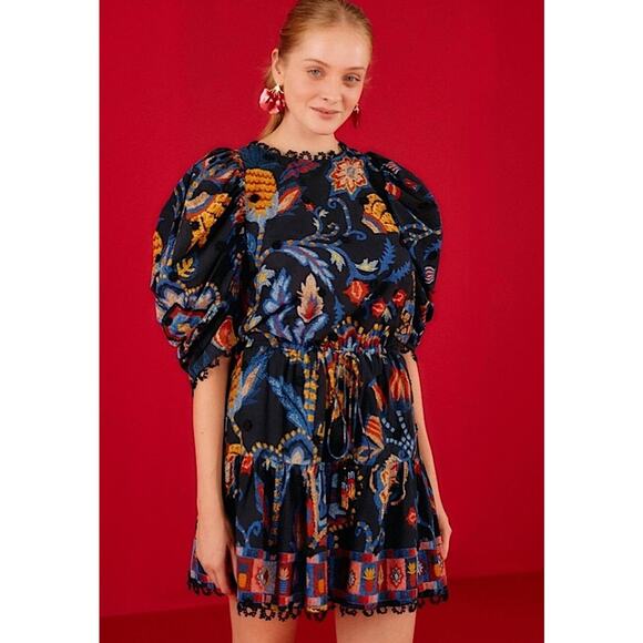 Very Rare Farm Rio Tapestry Floral Mini Dress Short Sleeve Black Blue Red XS New - Picture 2 of 11